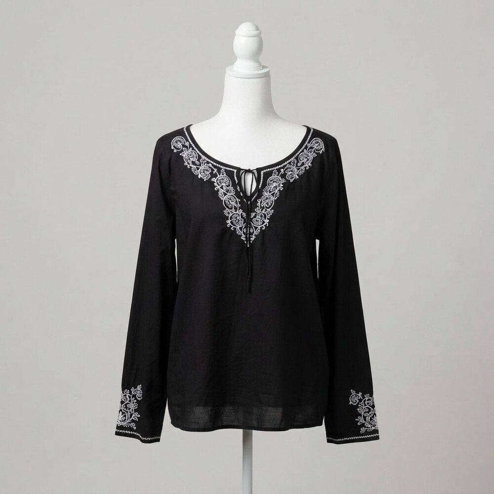 Peasant Tunic Black White Embroidery Boho Hippie Beach Size XL